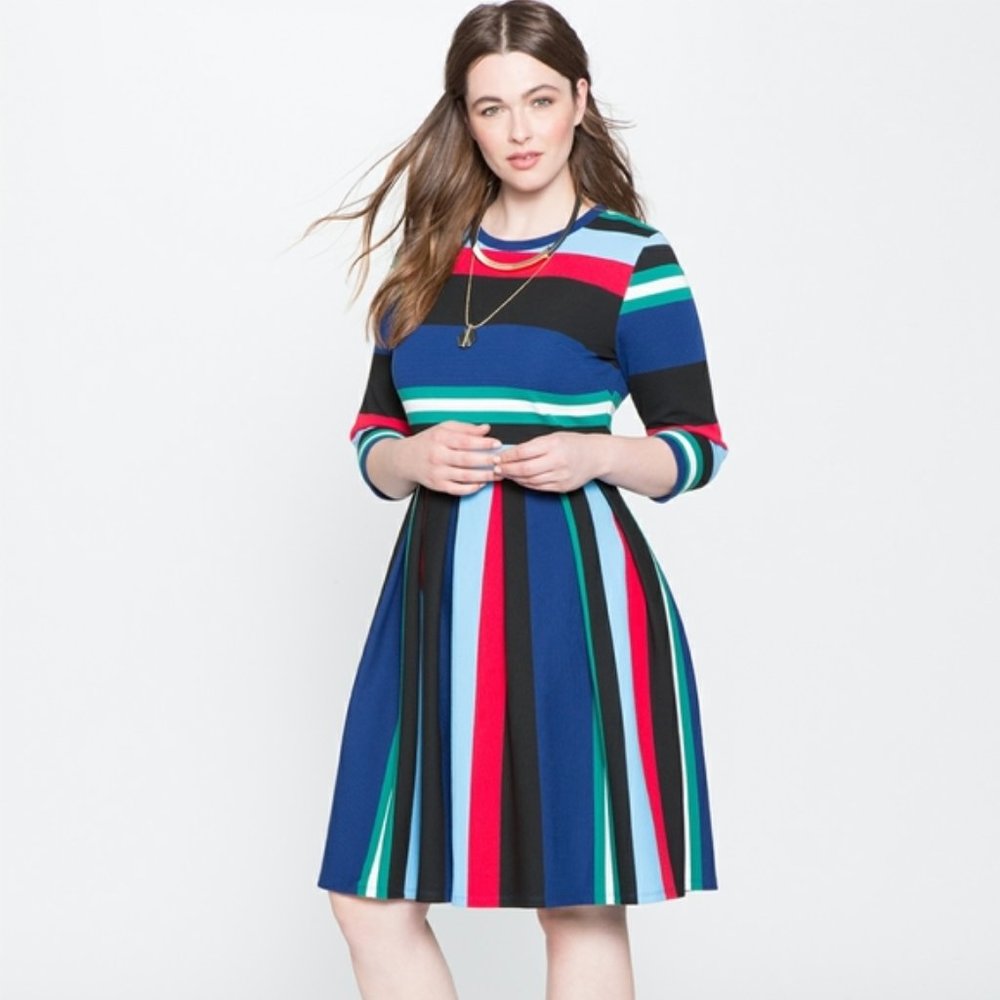 Striped Eloquii Warm Midi A-Line Dress with Pleats